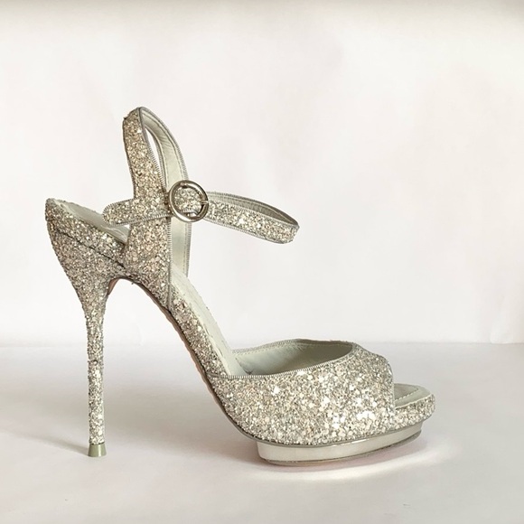 🎉HP🎉 BNIB Alice + Olivia Metallic Silver Sequin Ultra High Platform Heels - Picture 9 of 10